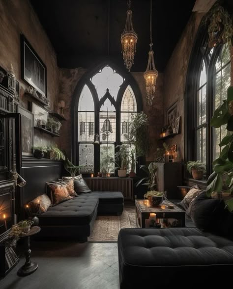 Goth Manor, Gothic Industrial, Goth Academia, Dark Academia Home, Goth Houses, Gothic Interior, Dark Modern, Brooklyn Brownstone, Jazz Bar