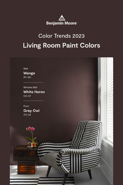 Bring a small living room to life with the hues of the Color Trends 2023 palette, like Wenge AF-180, a deep chocolate with hints of brown, black and violet. Wenge Color Palette, Chocolate Brown Walls Living Room, Purple Brown Paint, Wenge Benjamin Moore, Dark Brown Walls Living Room, Brown And Black Living Room, 2023 Palette, Chocolate Living Rooms, Chocolate Brown Walls