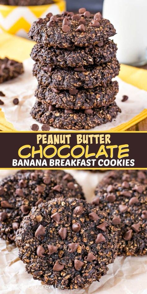 Peanut Butter Chocolate Banana Breakfast Cookies - enjoy cookies for breakfast when you make these healthy banana cookies. Great recipe to make when you have extra ripe bananas on the counter! #healthy #banana #breakfastcookies #peanutbutter Healthy Banana Breakfast, Healthy Banana Cookies, Peanut Butter Chocolate Banana, Banana Breakfast Cookies, Banana Cookies Healthy, Banana Breakfast Cookie, Cookies For Breakfast, Ripe Banana Recipe, Banana Snacks