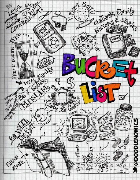 Bucket List Illustration, Bucket List Design Ideas, Bucket List Cover Page, Bucket List Design, Cute Bucket List Design, Bucket Doodle, Bucket List Design Layout, Bujo Travel Bucket List, Bucket List Bullet Journal