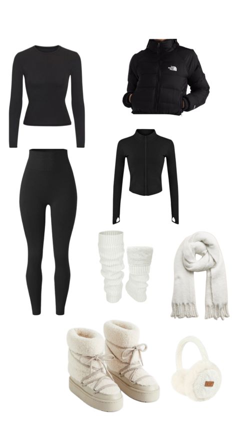 Black and white snow outfit Cute Winter Outfits For Ice Skating, Snowtubing Outfit Black Women, Black Snow Outfit, What To Wear In The Snow, White Girl Winter Outfits, Cute Snow Fits, Snowtubing Outfit Women, Colorado Trip Outfits Winter, Tubing Outfit Snow