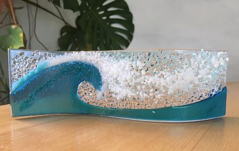 Crashing Wave Turquoise stand Alone Curvy Fused Glass. - Etsy Coastal Scenery, Fused Glass Wall Art, Blue Tissue Paper, Glass Fusion Ideas, Fused Glass Artwork, Glass Fusing Projects, Daily Walks, Gifts For Surfers, Dog Walks