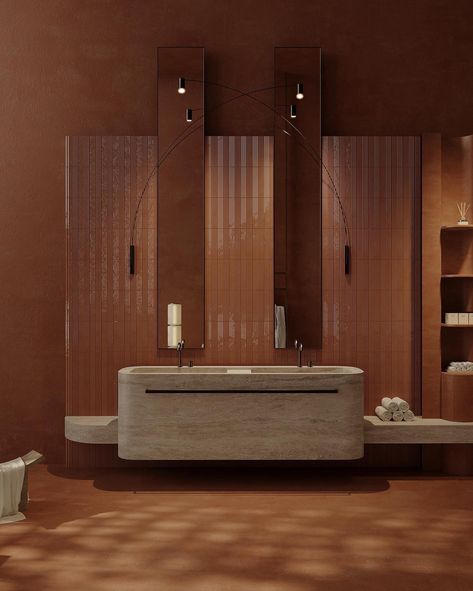 Minimalistic soft interior of the bathroom zone with the ethnic elements🧡 #interior #bathroom #bathroominspiration #inspiration #bathroomdesign #design Atrium Bathroom, Bathroom Behance, Small Dark Bathroom, Architecture Render, Bathroom Sanitary, Wc Bathroom, Wc Design, Restroom Design, Interior Bathroom