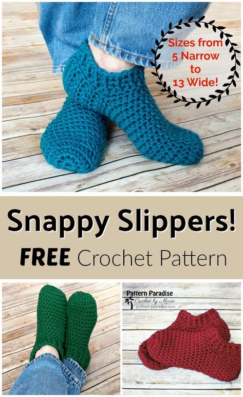 Free Crochet Pattern: Snappy Slippers | Pattern Paradise Crochet Slipper Boots, Easy Crochet Slippers, Crochet Socks Pattern, Crochet Slippers Free Pattern, Crochet Shoes Pattern, Crochet Slipper Pattern, Crochet Geek, Crochet Boots, Crochet Booties