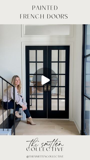 Krystal Smit on Instagram: "I didn't DIY much (ok, really any) of our greater remodel, but I did paint these french doors black and I'm obsessed! And it was made pretty easy by using this magical masking liquid (and extremely satisfying peeling it off). Like an old school face mask for your window panes 💁🏼‍♀️ I finished them off with new vintage inspired brass knobs, and love how they turned out! 🖤  If you're tackling a project like this, or windows, or even something like a mirror - you need this stuff! . . . . . . . #diyproject #frenchdoors #paintitblack #diyinspiration #beforeandafter #diy" Painting Old Windows, Interior French Door Ideas, Black French Doors Interior, Black Front Door Interior, French Doors Black, Black French Door, Masking Liquid, Painted French Doors, Office French Doors