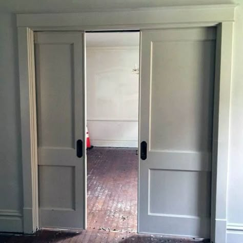 Pocket Doors To Dining Room, Double Sliding Pocket Doors, Double Cavity Sliding Doors, Sliding Pocket Doors Living Rooms, Pocket Doors Double, Interior Pocket Doors Ideas, Pocket Door Design Ideas, Diy Double Pocket Door, Dining Room Pocket Doors