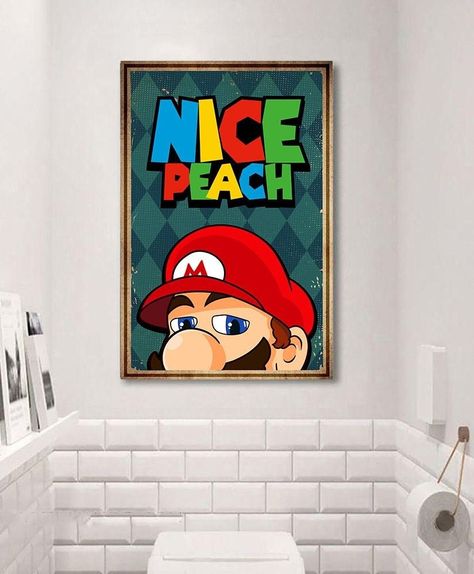 "Super Mario Toilet Bathroom Poster/Canvas, Funny Nintendo Mario Canvas Bathroom Decor Wall Art Poster Canvas mario, super mario poster, super mario canvas, nintendo art, home decor, bathroom decor, canvas wall art,nice peach,bathroom wall art,bathroom poster Print your art on this premium satin canvas and host your exhibition, sell merchandise, decorate your home, or make a stunning gift of art. Each pre-stretched canvas comes with a wooden inner frame and is available in various sizes ranging Super Mario Bros Bathroom Ideas, Mario Themed Bathroom, Mario Bathroom Ideas, Super Mario Wall Art, Peach Toilet, Super Mario Bathroom, Gaming Bathroom, Boy Gamer Room, Mario Bathroom