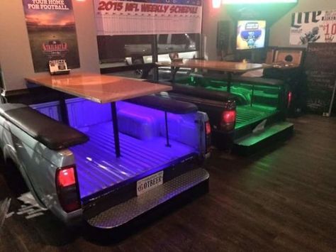 The Booths At My Cousins Sports Bar Are Truck Beds Sport Bar Design, Car Parts Decor, Sports Bedding, Car Bar, Garage Furniture, Truck Beds, Diner Decor, Car Part Furniture, Automotive Furniture