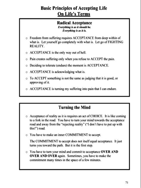 Radical Acceptance - DBT SKILLS APPLICATION SELF-HELP Dbt Skills Worksheets, Distress Tolerance Worksheets, Distress Tolerance Skills, Group Therapy Activities, Dbt Therapy, Distress Tolerance, Dbt Skills, Radical Acceptance, Dialectical Behavior Therapy