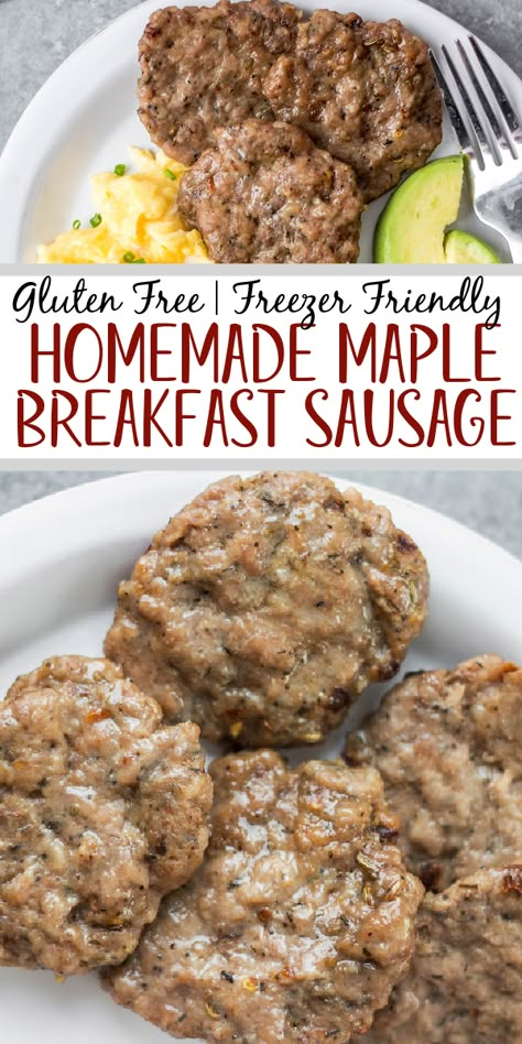 This easy homemade maple breakfast sausage recipe is so simple to make, perfect for meal prepping, and it's freezer friendly! These DIY maple sausages are gluten free, low carb, paleo and only use a few ingredients including ground pork and spices, and only a few minutes time. You can oven bake them or cook them up in a skillet, and they come out delicious every time! #groundporkrecipes #breakfastsausage #freezerrecipes Dinner With Ground Pork Sausage, Maple Breakfast Sausage Seasoning, Maple Sausage Patties, Making Breakfast Sausage From Ground Pork, Homemade Maple Sausage, Breakfast Sausage From Ground Pork, Maple Pork Sausage Recipes, Easy Breakfast Sausage Recipes, Homemade Pork Breakfast Sausage Recipes