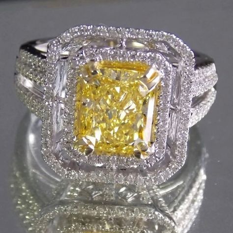 3.01 Ct Center Stone Untreated Natural Yellow Diamond by Gemsbytlc Neiman Marcus Jewelry, Canary Yellow Diamonds, Canary Diamond, Yellow Diamond Rings, Claw Prong, Double Halo, Canary Yellow, Yellow Diamond, Womens Jewelry Rings