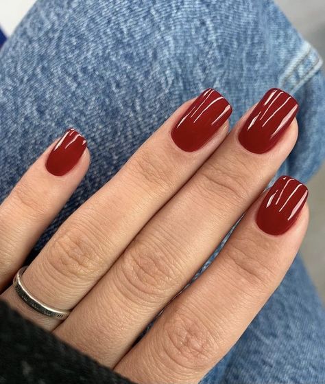 Color Nail Tips, Squoval Acrylic Nails, Short Red Nails, Red Gel Nails, Wine Nails, Solid Color Nails, Short Press On Nails, Squoval Nails, Red Acrylic Nails