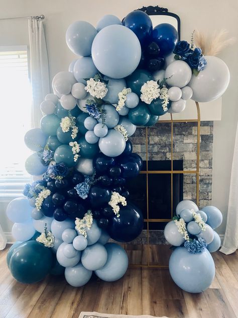 10 foot Navy and light blueBalloon Garland on gold arch Navy Balloon Arch, Gold Party Decorations, Birthday Party Theme Decorations, Gold Theme, Blue Party, Decorations Party, Blue Balloons, Gold Party, Balloon Decorations Party