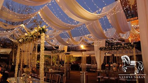 Indian Wedding Night, Evening Wedding Decor, Ceiling Draping Wedding, Outdoor Reception Decorations, Elegant Wedding Themes, Wedding Ceiling, Wedding Decor Photos, Luxury Wedding Decor, Wedding Backdrop Decorations