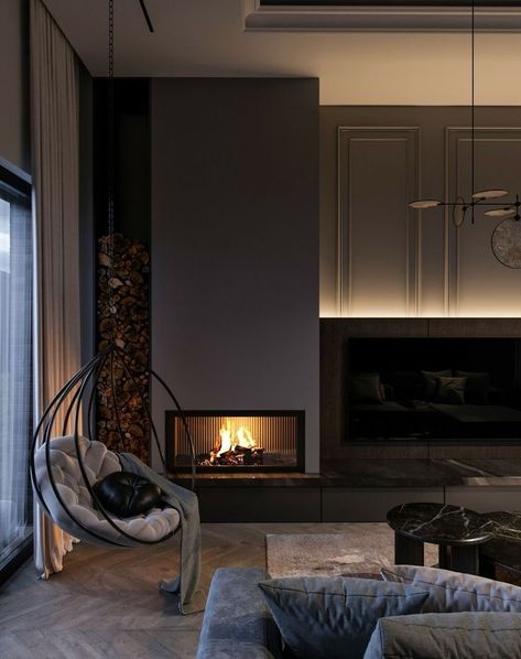 Dark Living Room Inspiration, Dark Modern House, Fireplace Apartment, Tv Fal, Design Room, Dream House Rooms, Home Design Ideas, Home Building Design, Design Bedroom