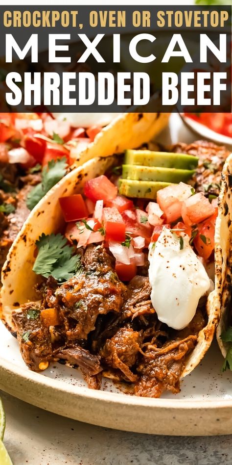 This Mexican Shredded beef is ULTRA-TENDER and bursting with bold, rich flavor! This 8-ingredient Barbacoa recipe is so easy, totally fool-proof and can be made in the crockpot, slow cooker, oven or on the stove! Cook this beef barbacoa once and use it in various meals throughout the week or freeze it! This pulled barbacoa meat is 10x better than any restaurant and guaranteed to become your family's favorite easy Mexican meal! (Barbacoa taco recipe included!) Mexican Shredded Beef Stove Top, Shredded Beef Tacos Stove Top, Taco Beef In Crockpot, Mexican Pulled Beef Slow Cooker, Shredded Beef Taco Recipes, Shredded Beef Fajitas, Beef Barbacoa Recipes, Barboca Beef Recipe, Barbacoa Recipe Stove Top