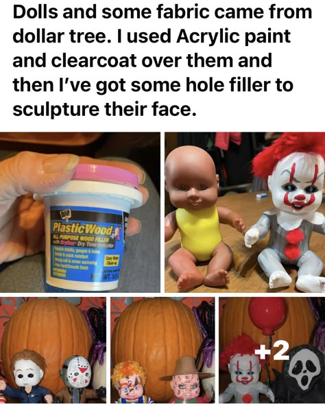 Doll Heads Halloween, Dollar Tree Creepy Doll, How To Repaint Ceramic Figurine, Repainted Figurines, Halloween Dolls Diy, Horror Dolls Diy, Diy Scary Dolls, Creepy Doll Diy, Diy Horror Decor