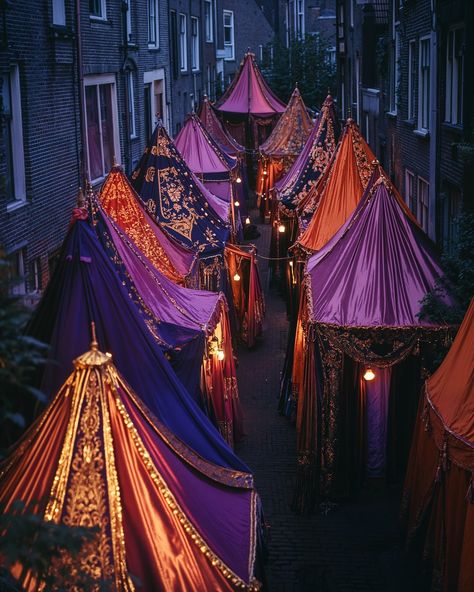 Currently taking place in Amsterdam is the festival Sleepover City, where residents invite each other to stay overnight in their homes or in tents in their front gardens. The entire city is decorated in purple, pink, and orange to indicate which houses offer a sleeping spot. In this festive spirit, residents move from tent to tent to visit each other, enjoy delicious food made by locals, and toast together. AI-generated, retouched and enhanced in post-production by @noellevandijk. — Part of ... Bone Golem, Festival Tent, Amsterdam Architecture, Tent City, Urban Intervention, Front Gardens, Stay Overnight, Post Production, The Festival