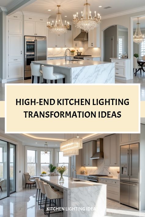 Opulent kitchen with statement crystal lighting fixture Penisula Lights, How To Light A Kitchen, House Lighting Ideas Interior, Peninsula Lighting, Modern Kitchen Lighting, Kitchen Lighting Ideas, Kitchen Peninsula, Hosting Dinner, High End Kitchens