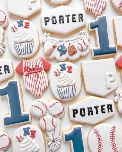 Baseball Birthday Cookies, Baseball First Birthday Cake, First Birthday Themes For Boys, First Birthday Boy Themes, First Birthday Theme Boy, Baseball Theme Birthday Party, Bday Cookies, 1 Year Birthday Party Ideas, Sports Cakes