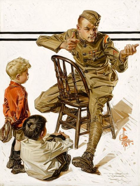 J.C. Leyendecker. The Hero’s War Story (How Our Daddy Won The War) // I AM A CHILD (children in art history) Norman Rockwell Art, Saturday Evening Post Covers, Rockwell Paintings, Norman Rockwell Paintings, Gil Elvgren, Art Of Manliness, American Illustration, Saturday Evening Post, A Soldier