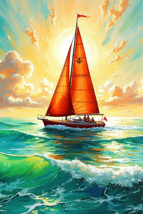 Bring the vibrant beauty of the ocean into your home with this stunning sailboat painting. The warm sunset hues, dynamic waves, and detailed sailboat create a captivating scene that evokes feelings of adventure and tranquility. This high-quality print is available in canvas, framed, and metal options to perfectly match your style and decor. Buy Now!  #waterfall #nature #paintings #art #beauty #serenity #abstract #acrylic #watercolor Sailboat Painting Acrylic, Warm Sunset, Sunset Hues, Sunny Sky, Sailboat Painting, Chair Ideas, Decor Buy, Paintings Art, Nature Paintings