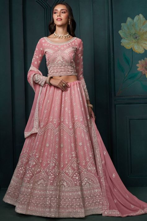 Cherry Pink Embroidered Georgette Designer Lehenga Choli Bridal Reception Lehenga, Blue Bridal Lehenga, Batik Print Dress, Lehenga Choli Designs, Designer Bridal Lehenga Choli, Lehenga Jewellery, Carnation Pink, Reception Lehenga, Designer Bridal Lehenga