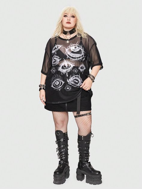 Black Sexy Collar Half Sleeve Knitted Fabric Figure  Embellished High Stretch  Women Plus Clothing Black Rave Outfits Plus Size, Plus Size Tshirt Outfits, Plus Size Punk Outfits, Alt Fashion Plus Size, Grunge Fashion Style, Grunge Outfits Plus Size, 2000s Alt Fashion, Plus Size Festival Outfit, Rave Outfits Plus Size