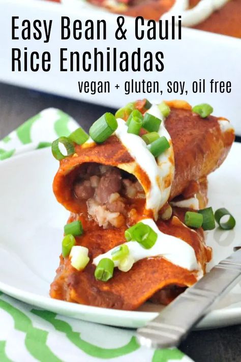 Easy Bean and Cauliflower Rice Enchiladas @spabettie #vegan #glutenfree #soyfree #oilfree #comfortfood Rice Enchiladas, Enchiladas Vegan, Vegan Empanadas, Sole Recipes, Cauliflower Rice Easy, Lenten Recipes, Poblano Pepper, Healthy Mexican Recipes, Roasted Tomatillo