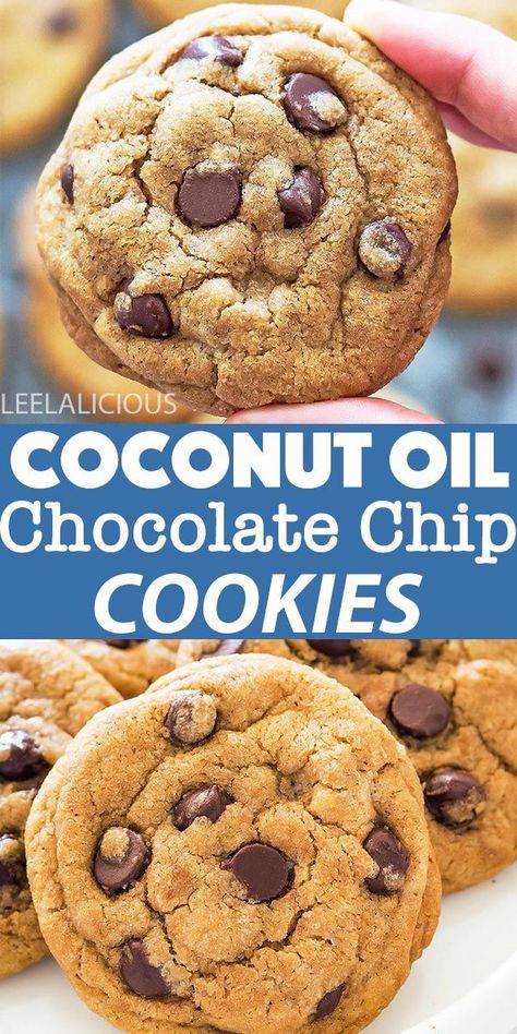 These Coconut Oil Chocolate Chip Cookies are a dairy-free version of everyone's favorite classic cookie recipe. They are a soft and chewy cookie filled with chocolate chips for a decadent sweet treat!      #chocolatechipcookies #cookies #coconutoil #baking #dessert #treat #sweet #cookie #dairyfree #vegan #chocolatechip Oil Chocolate Chip Cookies, Muffin Ideas, Coconut Oil Chocolate Chip Cookies, Awesome Cookies, Coconut Oil Chocolate, Coconut Cookies Recipes, Pecan Chocolate, Cannibis Recipes, Coconut Chocolate Chip Cookies