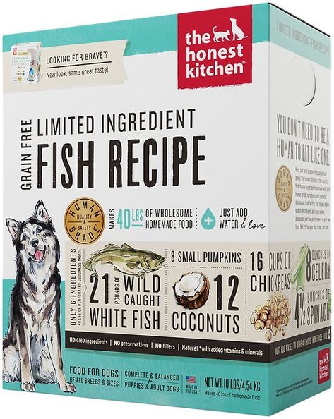 Buy The Honest Kitchen Limited Ingredient Diet Fish Recipe Grain-Free Dehydrated Dog Food, 10-lb box at Chewy.com. FREE shipping and the BEST customer service! Dehydrated Dog Food, Grain Free Dog Food, Dry Chickpeas, Pet Wipes, Food Topper, Fish Recipe, Best Dog Food, Food Sensitivities, Natural Vitamins