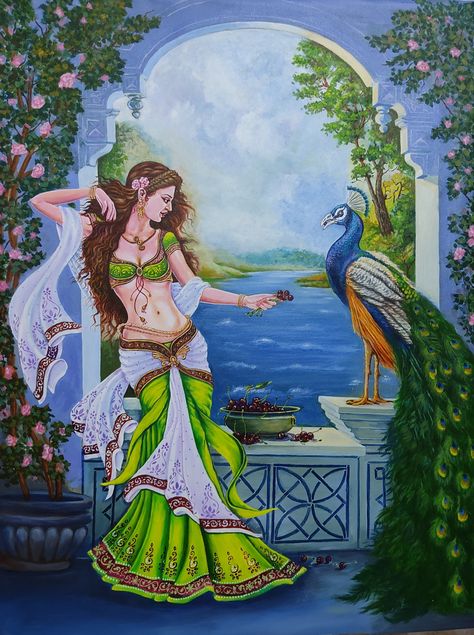 Royal Indian Queen Painting, Peacock Painting On Canvas Acrylics, Indian Acrylic Painting, Indian God Painting, Peacock Painting Acrylic, Mughal Art Paintings, Watercolor Paintings Nature, Color Drawing Art, Indian Art Gallery