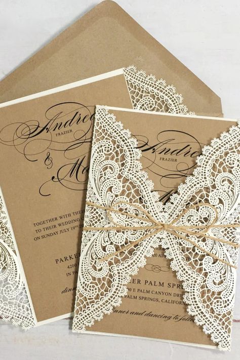 Lace Envelopes, Kraft Invitation, Kraft Paper Wedding, Vintage Lace Weddings, Wedding Invitations Elegant, Wedding Invitation Kits, Pocket Wedding Invitations, Rustic Wedding Invitations, Lace Wedding Invitations