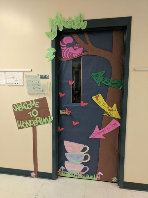 Princess Door Decorations, Alice In Wonderland Theme Door, Alice In Wonderland Door Decorations Classroom, Storybook Classroom Door Ideas, Door Decorating Contest Book Theme, Classroom Door Book Theme, Disney School Door Decorations, Fairy Tale Door Decorations Classroom, Book Character Door Decorations