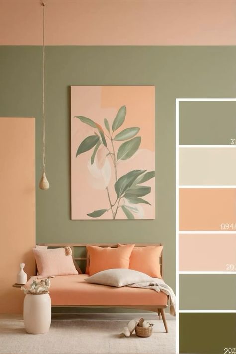 Pistachio Paint Color Bedrooms, Living Room Design Color Palette, Colours That Go With Mint Green, Peach Green Living Room, Indoor Wall Color Ideas, Cottage Core Wall Colors, Pistachio Color Combination, Color Palette Home Design, Wall Colour Ideas For Bedroom