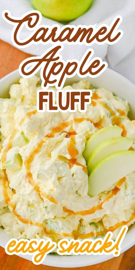 This easy Caramel Apple Fluff recipe is quick to whip up in 20 minutes with sweet and irresistible classic fall flavors. The delicious combination of 6 simple ingredients with chunks of tart apples, cool whip, vanilla pudding, mini marshmallows and caramel makes an easy dessert or salad for potlucks and family gatherings. Apple Trifle Desserts Fall, Toffee Apple Salad, Dessert Fluff Recipes, Caramel Apple Fluff, Easy Apple Salad, Caramel Apple Dessert, Taffy Apple Salad, Caramel Apple Salad, Recipes With Cool Whip