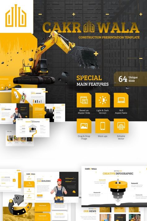 Cakrawala - Construction Presentation PowerPoint template Construction Powerpoint Template, Graphic Design Powerpoint Presentation, Construction Presentation Design, Construction Presentation, Construction Template, Ad Layout, Company Presentation, Photoshop Tutorial Photo Editing, Creative Infographic