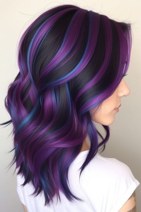 Peek A Boo Purple Highlights, Purple And Teal Hair Highlights, Black And Purple Hair Color Ideas, Shoulder Length Purple Hair Ombre, Blonde And Purple Hair Ombre, Dark Purple Hair With Black, Turquoise Hair Highlights, Black And Violet Hair, Edgy Hair Color Ideas For Brunettes