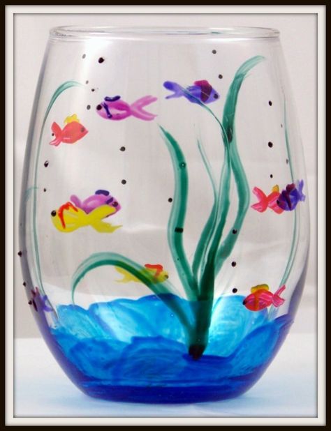 Hand-Painted Fish Stemless Wine Glass Painting Glass Jars, Painted Fish, Wine Glass Designs, Diy Wine Glasses, Wine Painting, Glass Painting Designs, Wine Glass Crafts, Wine Glass Art, Glass Art Projects