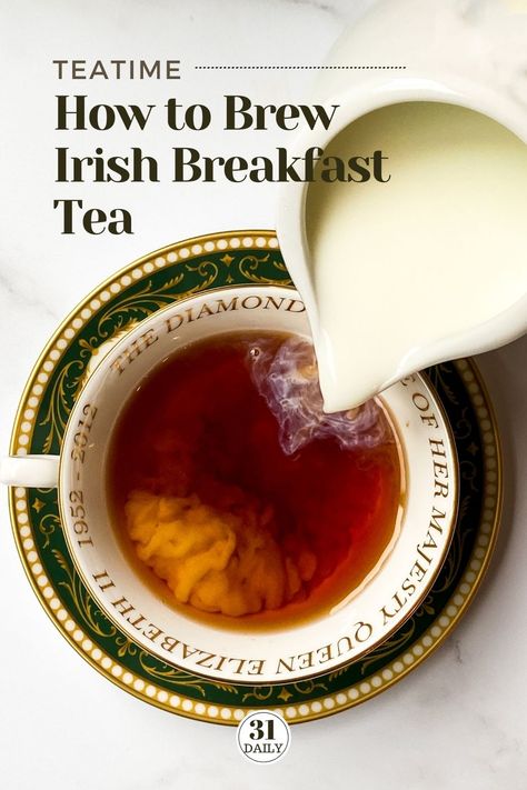 Irish Breakfast Tea is a robust blend of black tea that is hearty and delicious. Which makes it the perfect cup of tea to wake up to. Take it as the Irish do, with a splash of milk and maybe a scone or two. Here's how to brew that perfect cup of Irish Breakfast Tea. Tea Pantry, Irish Breakfast Tea, Nut Dessert, Scottish Breakfast, Irish Tea, Irish Drinks, Tea Treats, 31 Daily, Irish Cooking