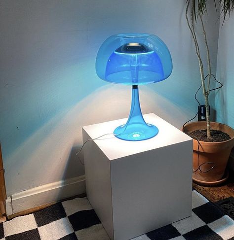 Blue Lamp Aesthetic, Y2k Lamp, 80s Lamp, Future Decor, Retro Room Decor, 80s Interior, Dream Dorm, Contemporary Side Tables, Blue Lamp