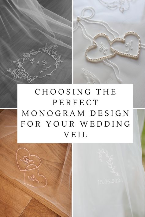 four images of examples of embroidered wedding veils with monograms or custom initials and wedding date Personalised Veil, Wedding Initials, Embroidered Wedding, Custom Initials, Monogram Design, Name Design, Wedding Date, Monogram Wedding, Wedding Veils