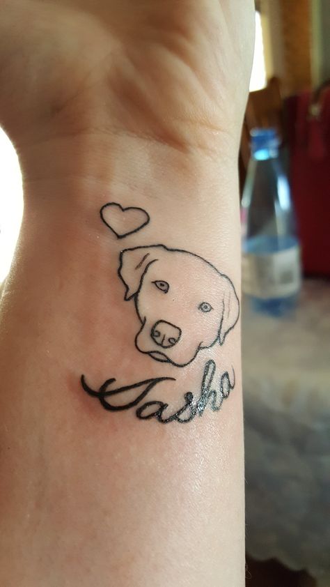 My Labrador recently passed away, so I had the artist trace around the photo of her face. Hope it gives you a nice idea for a memorial tattoo. Black Lab Memorial Tattoo, Nugget Tattoo, Labrador Tattoo Ideas, Shadows Tattoo, Labrador Tattoo, Lost Tattoo, Fall Tattoo, Puppy Tattoo, Lucky Tattoo