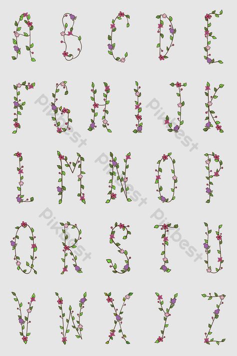 Bujo Fonts, Drawing Floral, Plant Font, Alphabet Symbols, Hand Drawn Floral, Drawn Floral, English Alphabet, Graphic Elements, Vector Drawing