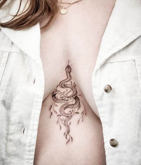 Snake Underbreast Tattoo, Sternum Snake Tattoo Women, Snake Tattoos For Women Chest, Serpent Tattoo Woman, Snake Sternum Tattoo Women, Dragon Sternum Tattoo Women, Snake Chest Tattoo Female, Snake Between Breast Tattoo, Snake Tattoo Between Breast