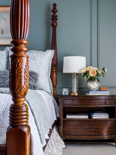 something more transitional for nightstands, and not matchy-matchy. Possibly narrower though Four Poster Bedroom, 4 Poster Bed, Four Poster Bed, Traditional Bedroom Decor, Gold Bedroom, Four Poster, Poster Bed, Traditional Bedroom, Bedroom Posters