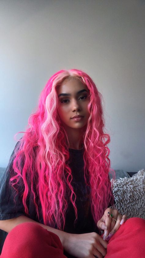 Hair Styles With Colored Hair, Long Colorful Hair, Pink And Blonde Hair Curly, Half And Half Colored Hair, Purple Split Dyed Hair, Pink Split Dyed Hair, Halloween Costumes Pink Hair, Colored Hair Inspiration, Purple Hair With Pink Highlights