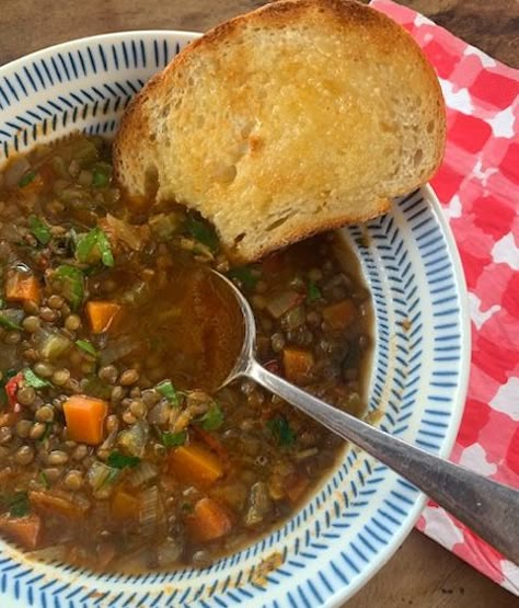 Ina Garten’s Legendary Lentil Soup Recipe with Sofrito Flavor Base | The Back Yard Lemon Tree Quick Soup Recipes, Quick Soup, Martha Stewart Recipes, Lentil Soup Recipes, Lentil Recipes, Bowl Of Soup, Cooked Vegetables, Lentil Soup, Hearty Soups