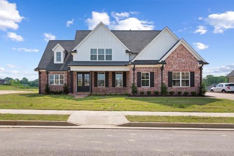 White House Black Trim Red Brick, Black Metal Roof Red Brick House, Red Brick House Exterior Black Shutters, Red Brick Accent Exterior House, Black And Red Brick House, Red Brick White Siding, Red Brick Home With Black Shutters, White Siding Black Trim, Red Brick With Taupe Siding