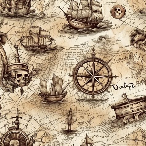 This incredible digital download features a pirate treasure map with a seamless tile background. Printed on high-quality paper, the artwork is a beautiful representation of classic pirate lore.  More designs available here: https://oneonionfactory.etsy.com Perfect for crafting enthusiasts or anyone who appreciates high-quality image art, this clip art is a must-have. The intricate details of the map make it a great addition to any collection, and the seamless tile background adds a touch of eleg Vintage Map Poster, Pirates Treasure Map, Pirate Map Aesthetic, Map Tattoo Design, Pirate Background, Pirates Map, One Piece Map, Pirate Wallpaper, Pirate Pattern